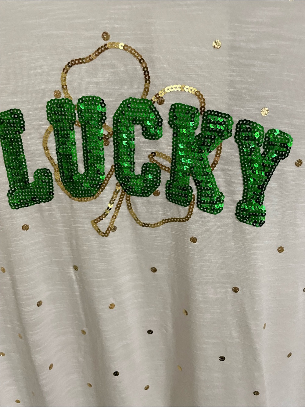Sequin 'LUCKY' Short Sleeve Tee - White & Green - Picture 4 of 5